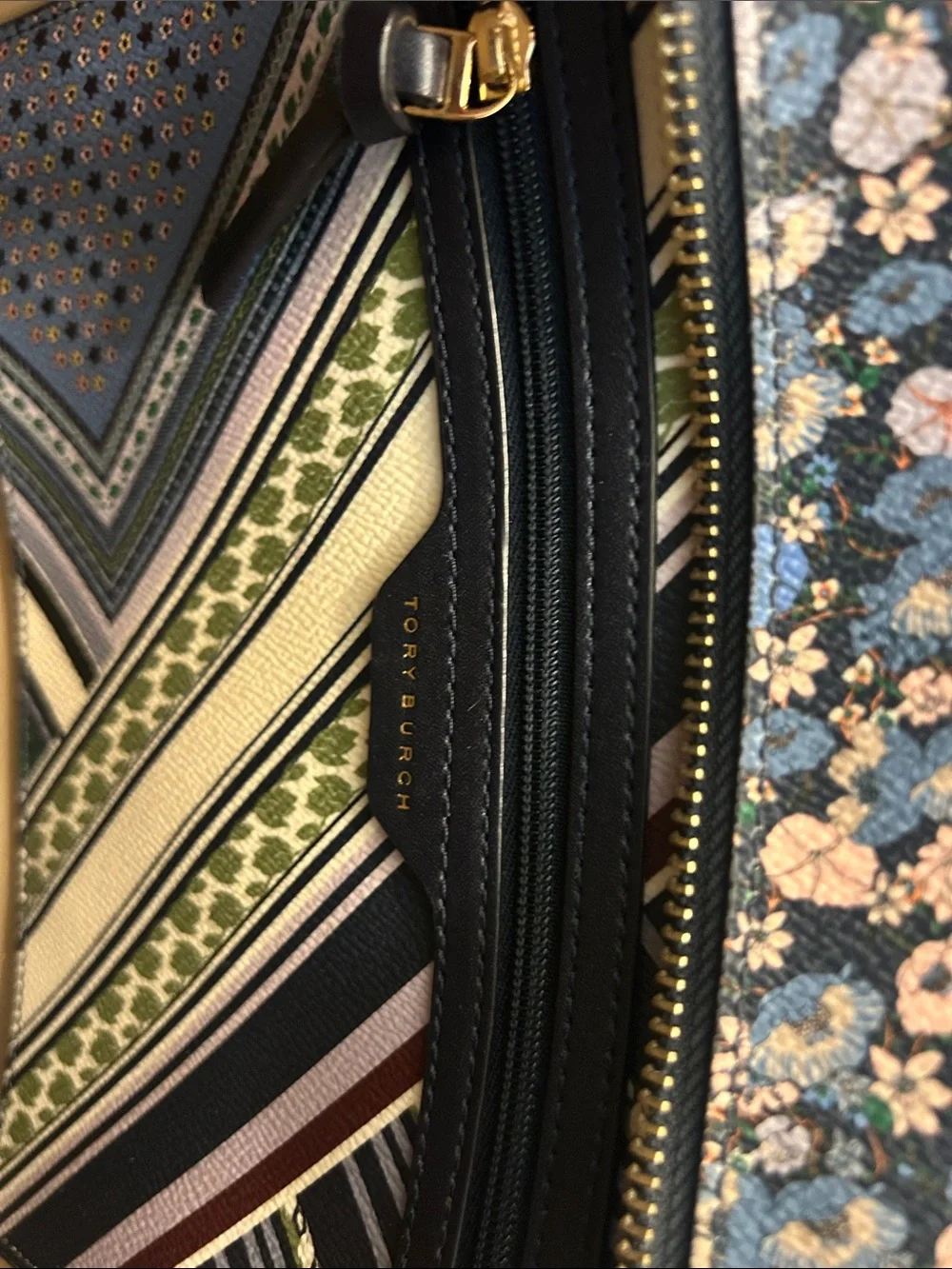 Tory Burch Floral Patchwork Tote in Navy, Green, Pink